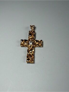 Gold Tone Pendant Bundle – Textured Cross + Nugget Style Charm w/ Clear Stones